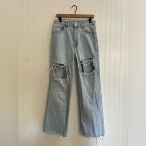 ZARA High Rise Wide Leg Factory Distressed Light Wash Denim Jeans Size 8 *Flawed